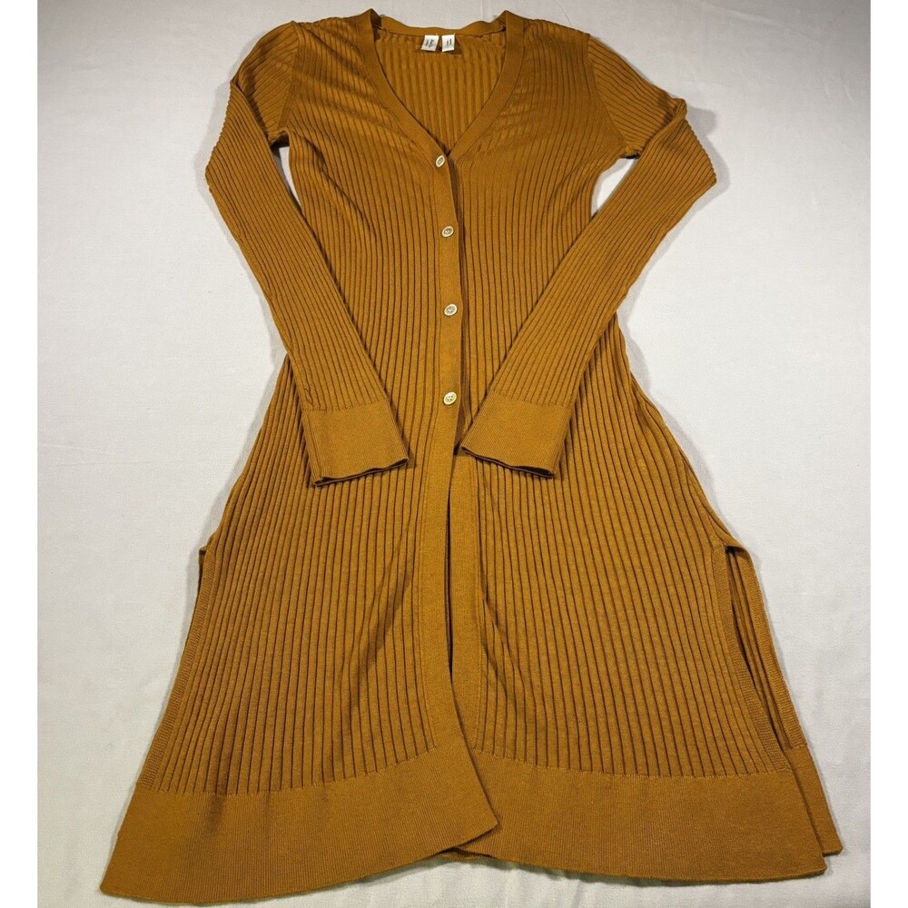 Meadow Rue Anthropologie Ribbed Button Long Cardigan Tunic Dress Mustard Size S